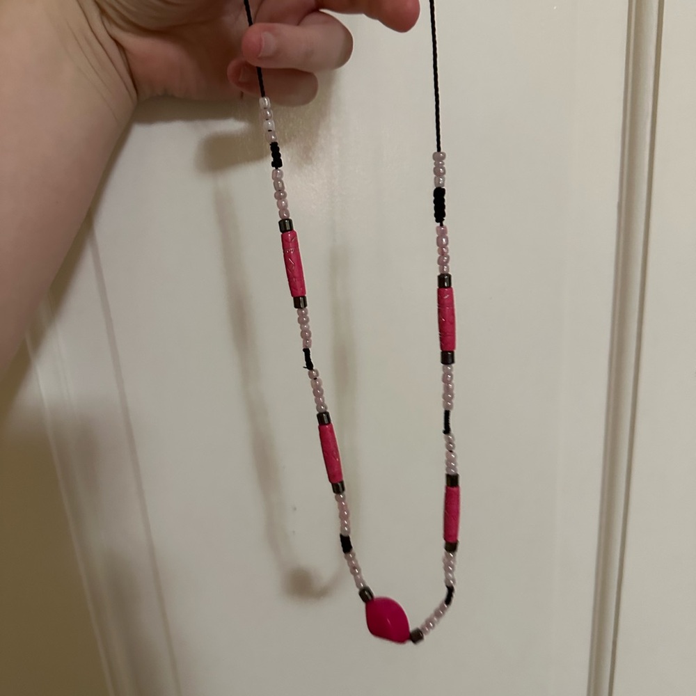 Modern Pink and Black Geometric Jewelry Necklace Handmade in Haiti
